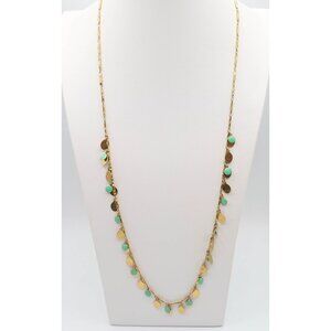 J CREW Gold Tone & Mint Green Dangle Disc Long Necklace 33" Signed